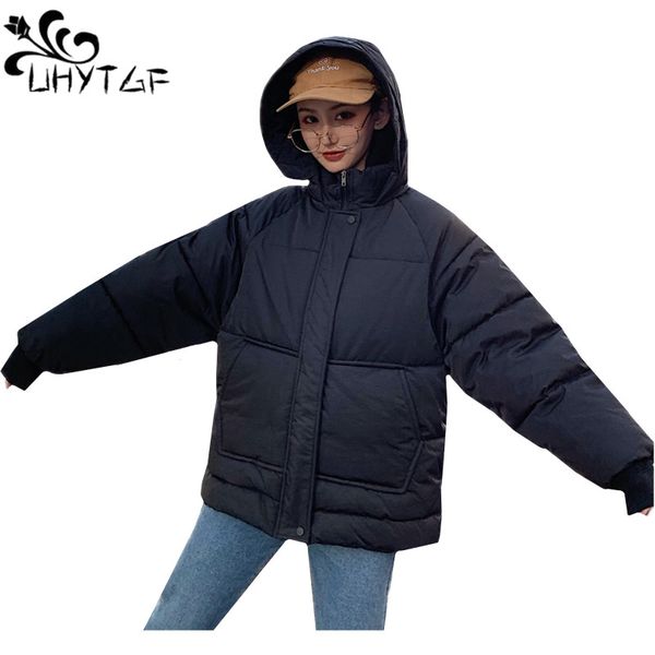 

uhytgf oversize winter jacket parker women short down jacket loose warm outerwear thicken hooded bat sleeve lady cotton coat 50, Black