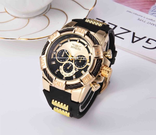 

2020 invicta luxury gold watch all sub dials working men sport quartz wristwatch chronograph auto date rubber band watch for male gift 3d, Slivery;brown