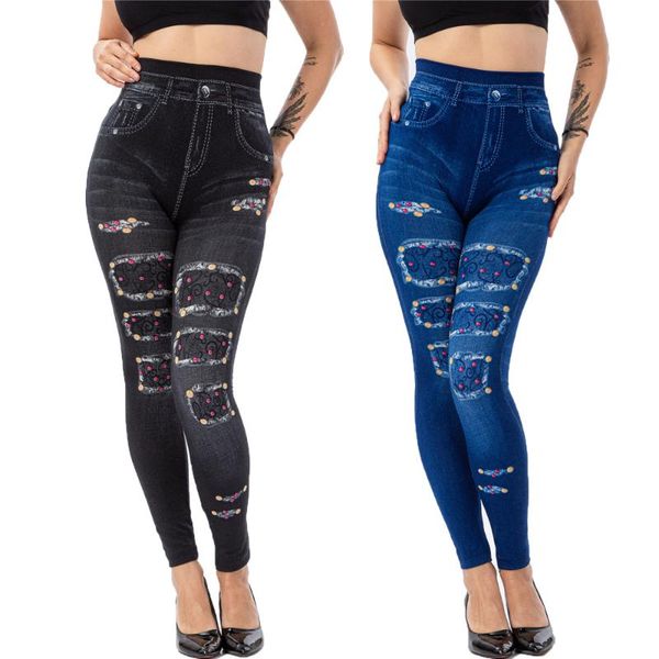 

2020 printed imitation denim leggings stretch slim ankle-length pants, Black