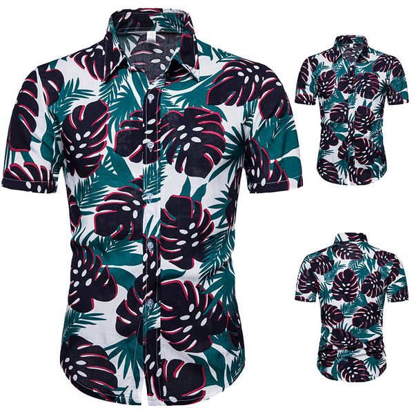 

mens leaf print shirts casual slim fit holiday hawaiian shirt short sleeve cotton men chemise homme camisa masculina 3xl, White;black