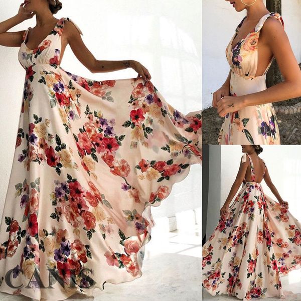 

womens boho dress sleeveless floral tied shoulder backless party long maxi deep v-neck backless dress, Black;gray