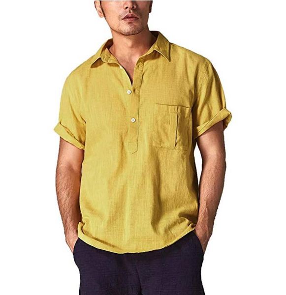 

men summer shirts turn down neck single breasted slim fit short sleeve solid muscle tee linen t-shirt casual blouse, White;black