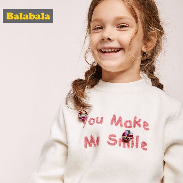 

balabala toddler girl fleece-lined soft knit mock-turtleneck sweater with embroidery kid sweater with pompom ribbed cuff and hem, Blue