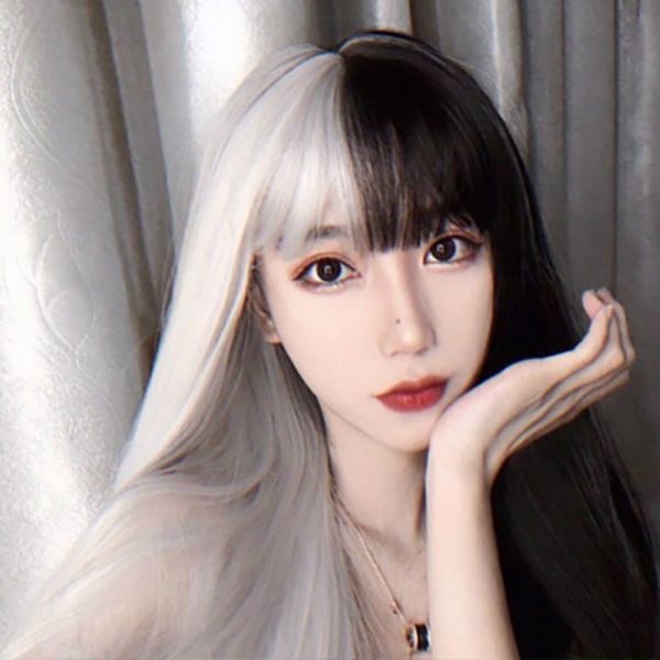 

wig halloween dark black qi bangs mandarin duck yin and yang color black and white long straight straight hair set