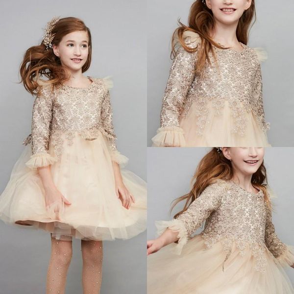 

princess flower girls dresses for wedding short mini puffy kids birthday pageant formal wear lace appliques long sleeve party gowns, White;blue