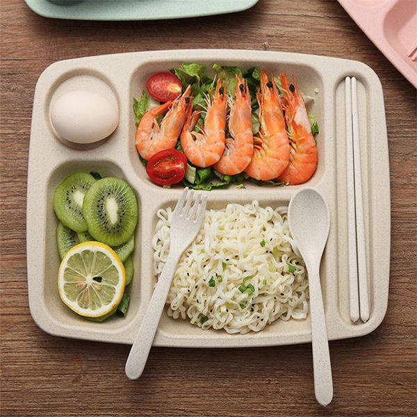 

reusable plastic dish dinner plate wheat straw and plastic service plate chopsticks spoon fork set wholesale