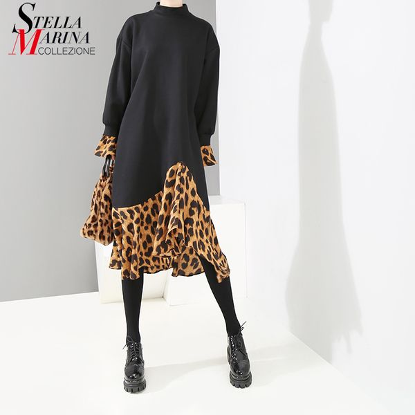 

new 2018 women winter patchwork black midi dress leopard hem long sleeve knee length girls casual dress vestido loose style 4137, Black;gray