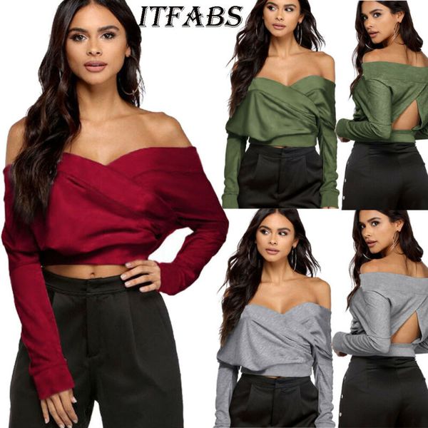 

fashion women blouse off shoulder casual backless loose long sleeve shirt clubwear party blouse, White