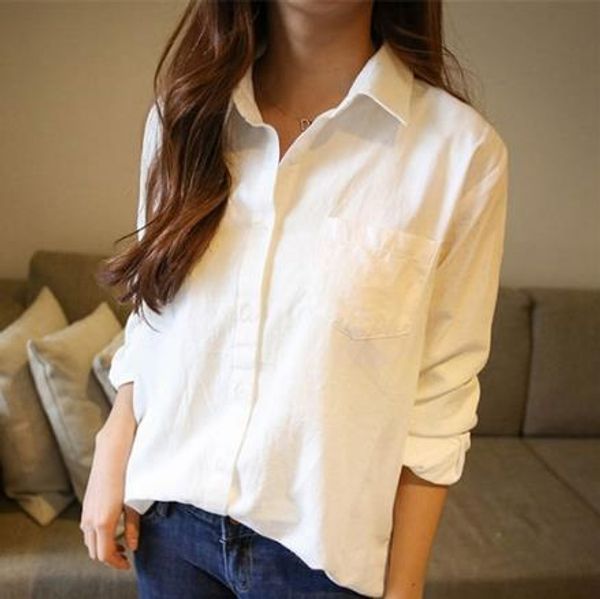 

women's shirt 2019 full sleeve lady casual classic basic cotton long blouse chic pocket white women autumn blusaslj149