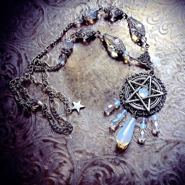 

pendant necklaces gothic pentagram start necklace women crystal beads long silver chain initial statement trendy jewelry