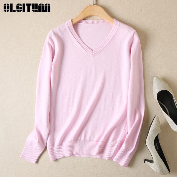 

olgitum 2018 new autumn and winter v-neck cashmere sweater women short solid color warm slim bottoming sweater sw1274, White;black
