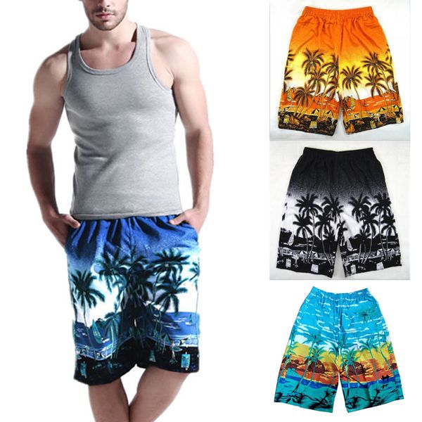 

summer men beach shorts printed coconut palm tree casual board shorts swimwear elastic waist quick dry short boxers, White;black