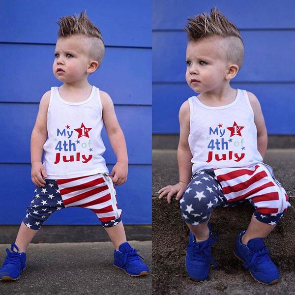 

children's gentleman's suit boy summer suit toddler kids baby girl 4th of july stars vest stripe pants outfit set #06, White