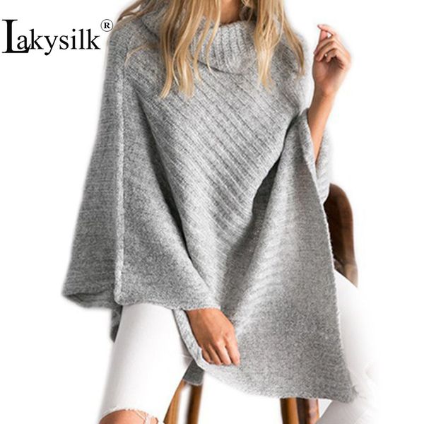 

lakysilk] loose solid color women's gray sweaters turtleneck casual knitted cloak female bat sleeve pullovers autumn lady, Black