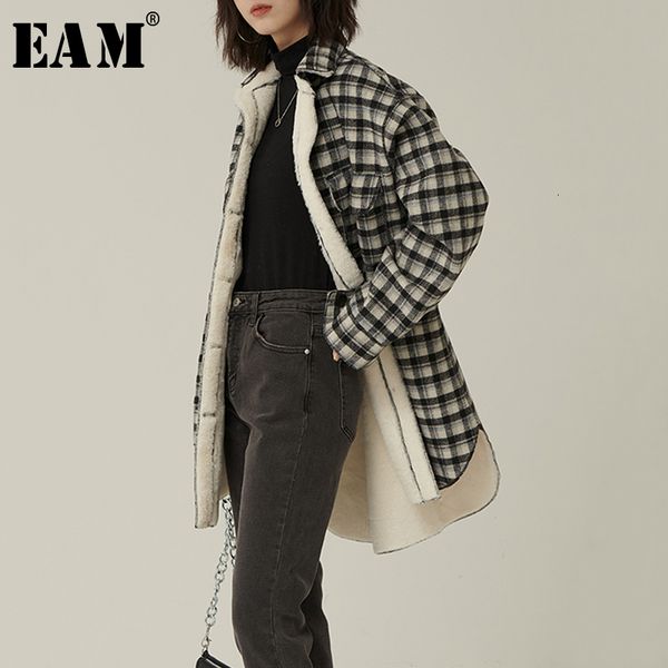 

eam] women black plaid with fleece big size blouse new lapel long sleeve loose fit shirt fashion tide spring autumn 2020 1n138, White