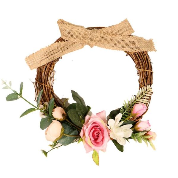 

handmade linen rose wreath valentine's day wedding camellia decoration home rattan circle fresh decoration door hanging
