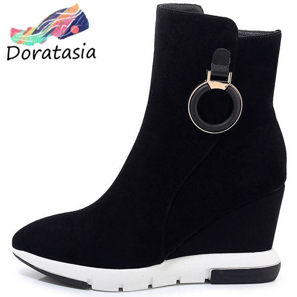 

2019 comfortable fashion cow suede wedges high heels women boots woman shoes ankle boots female, Black
