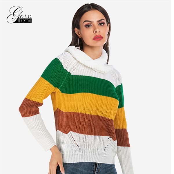 

gold hands autumn winter new fashion women casual loose sweater brand cotton knitted pullover sweaters rainbow turtleneck street, White;black