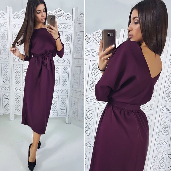 

women vintage sashes straight backless dress ladies seven sleeve o neck knee dress 2020 winter office lady elegant women, Black;gray