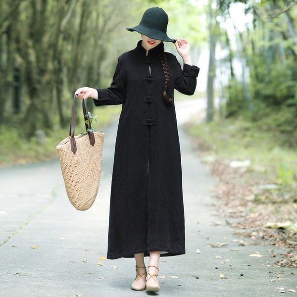 

2019 new dobby cotton linen trench coat long for women long sleeve button stand collar vintage casual trench overcoats mujer, Tan;black