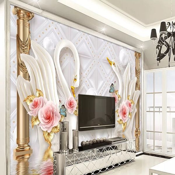 

custom large mural 3d wallpaper modern fashion creative luxury pearl jewelry golden chinese swan wall decor 5d embossed