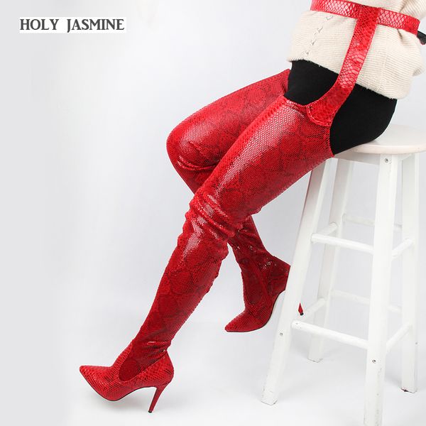 

2019 new solid pu leather women over knee long boots pointed toe ladies belt thigh high boots chunky high heels long r, Black