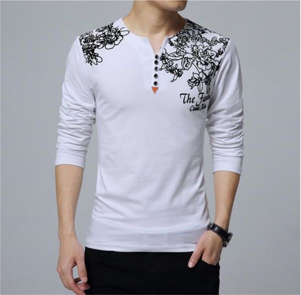 

stereoscopic floral print mens tshirt designer v neck button casual homme long sleeve fashion cloth, White;black
