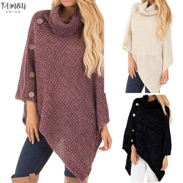 

womens winter button knit turtle neck poncho with casual irregular hem pullover sweaters acrylic fibres women sweaters, White;black