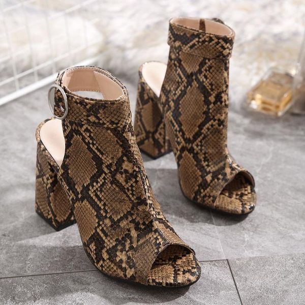 

trendy women ankle strap sandals snake print square heel fashion pointed toe ladies fashion shoes 2020 new women sandals, Black