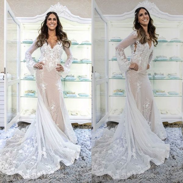

2020 long sleeve mermaid wedding dresses applique lace bridal gowns sweep train wedding dresses vestidos de novia, White