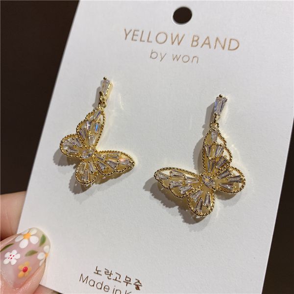 

korea fashion jewelry exquisite copper inlay zircon smart three-dimensional hollow butterfly elegant female earring, Silver