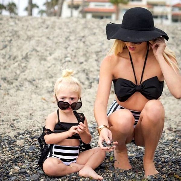 

2019new parent-child beach printed striped split 2019new parent-child beach printed striped bikini swimsuit bikini split swimsuit, White;black