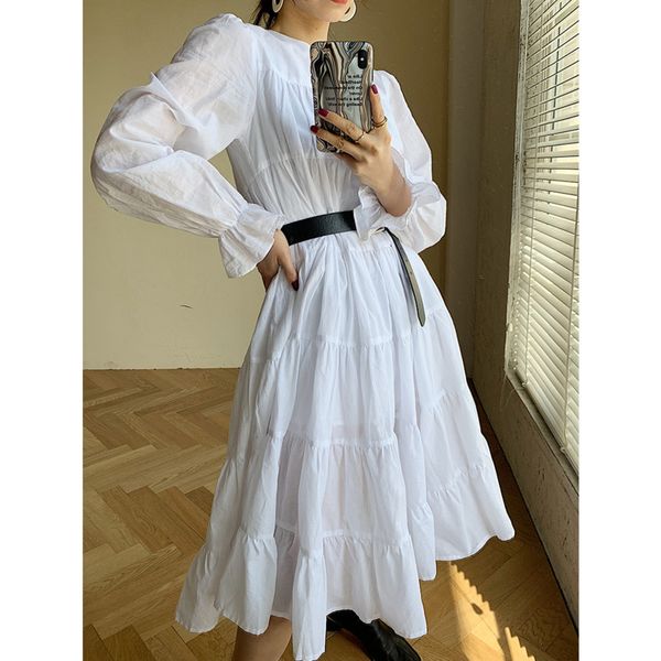 

глухой] 2020 полный вспышка рукав круглый воротник тонкий свободные большой подол свободного покроя корейский новая весна платье женщины мо, Black;gray