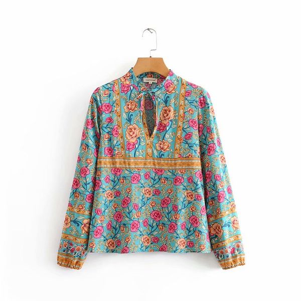 

new women bohemian position rose flower print lace up blouses female shirts long sleeve casual blusas chic beach ls6059, White