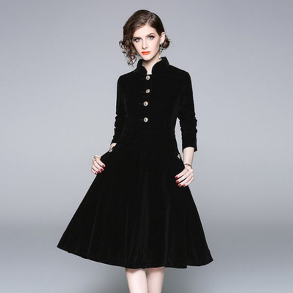

women velvet temperament dresses commuter star with the same paragraph stand leader large swing skirt slim long-sleeve dress, Black;gray