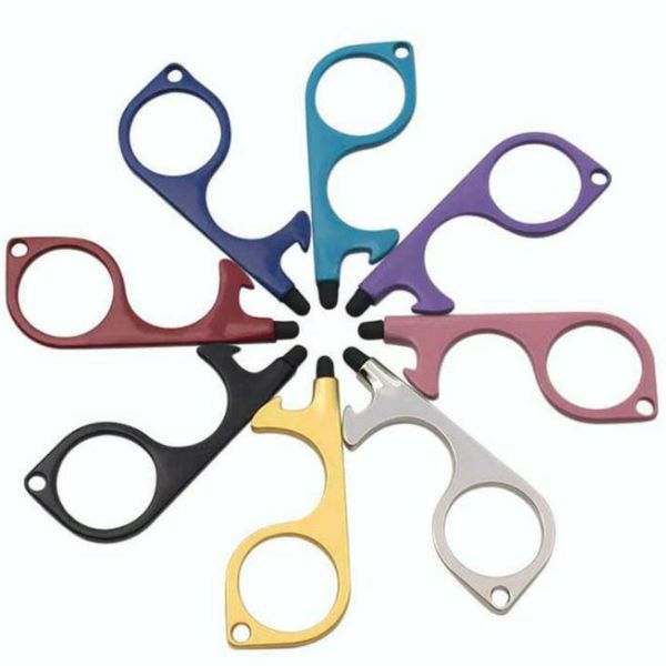 

8 color metal safety touchless door opener stylus key hook metal hands door handle opener tool keychain with silicone head da740