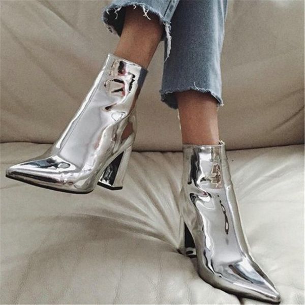 

silver patent leather ankle boots 9 cm high heels boots women winter shoes female pointed toe botas woman spring autumn, Black