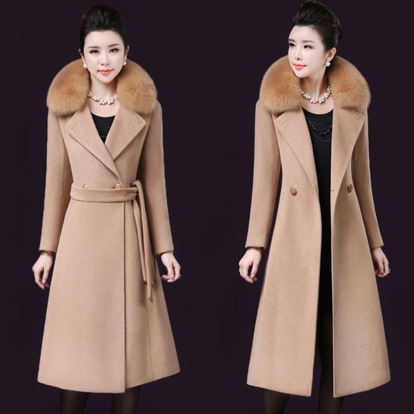 

elegant solid woolen winter warm coats slim pockets office wool coat and jacket covered button fur collar ladies lengthen coats, Black