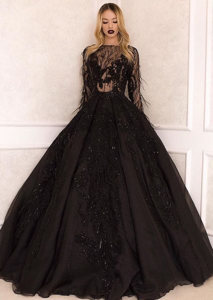 

2020 black a line evening dresses illusion tulle sequins applique prom dress sweep tarin long sleeve special occasion dresses, Black;red