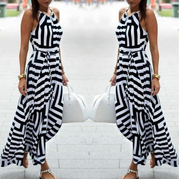 

new womens bandage celebrity long maxi dress ladies summer casual boho stripe chiffon silk beach party halter sun dress, Black;gray