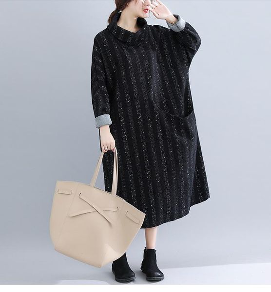 

плюс размер женские карманные платья brocade vintage водолазка повседневная офисное платье 2019 мода свободные черные платья с длинным рукав, White;black