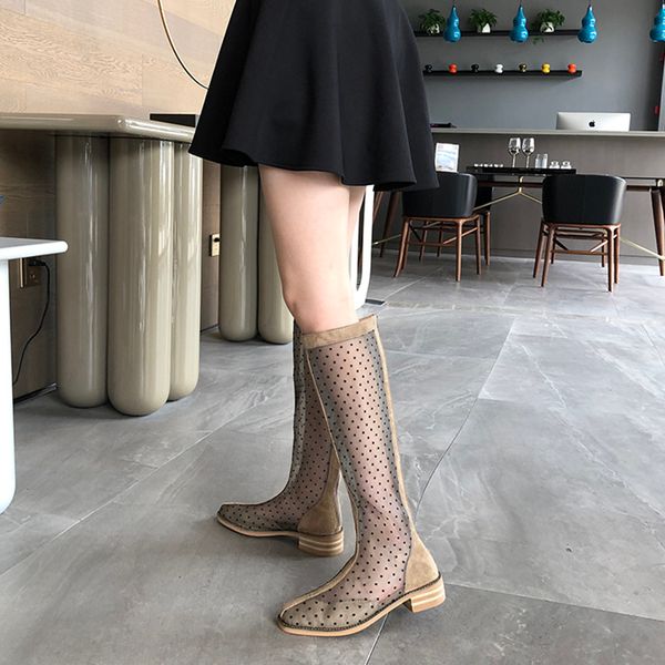 

2019 new knee-high boots women's sandals shoes hollow out summer boots low heel motorcycle, Black