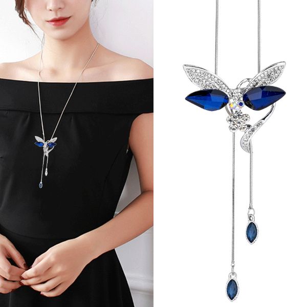 

trendy collier femme new dragonfly long necklaces & pendants for women simple crystal chain kolye female fashion jewelry 2019, Silver