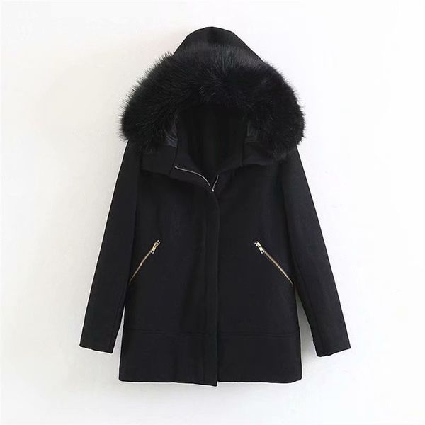

new woolen hooded fur collar women coat korean autumn winter temperament fashion casual loose warm wild jacket f087, Black