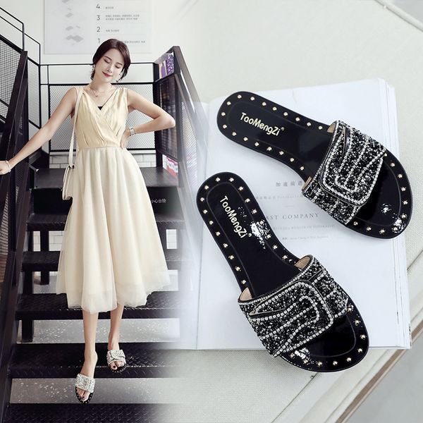 

open toe outside women summer slippers summer slip-on flat slides bling metal decoration shoes, Black