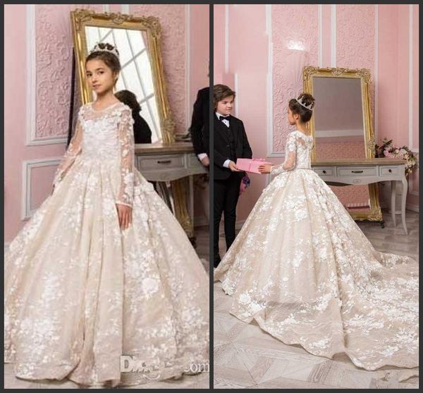 

2020 new princess long sleeve flower girl dresses weddings jewel neck lace applique court train little kids gowns first communion dresses, White;blue