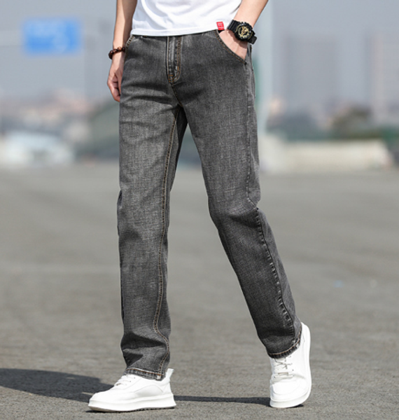 

white versatile light blue washed jeans men's loose straight casual light summer thin large size trousers, Black