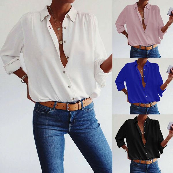 

2019 new style women solid v-neck button long sleeve loose shirts long sleeve casual spring autum, White