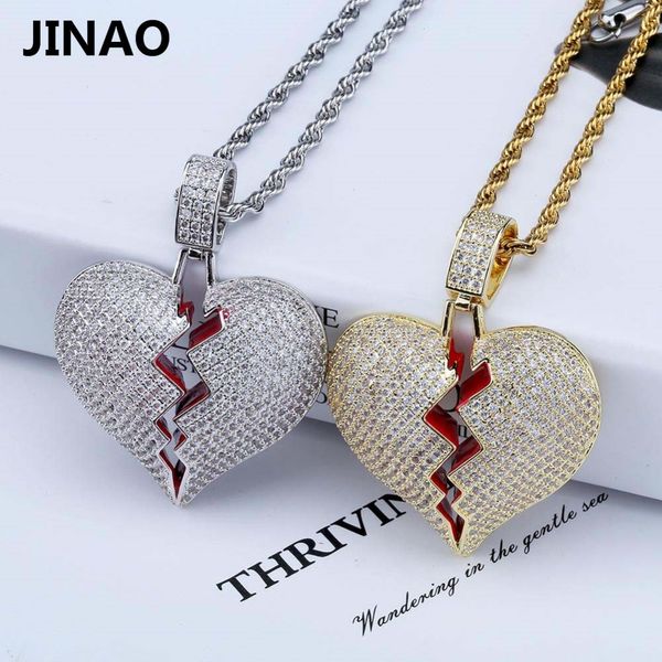 

jinao fashion broken heart iced out chain pendant necklace statement gold color cubic zircon necklace hip hop men's jewelry gift, Silver