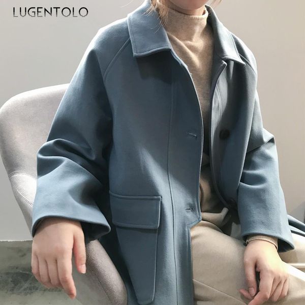 

lugentolo women wool autumn winter coat korean loose solid casual medium long vintage pocket turndown collar simple lady coats, Black